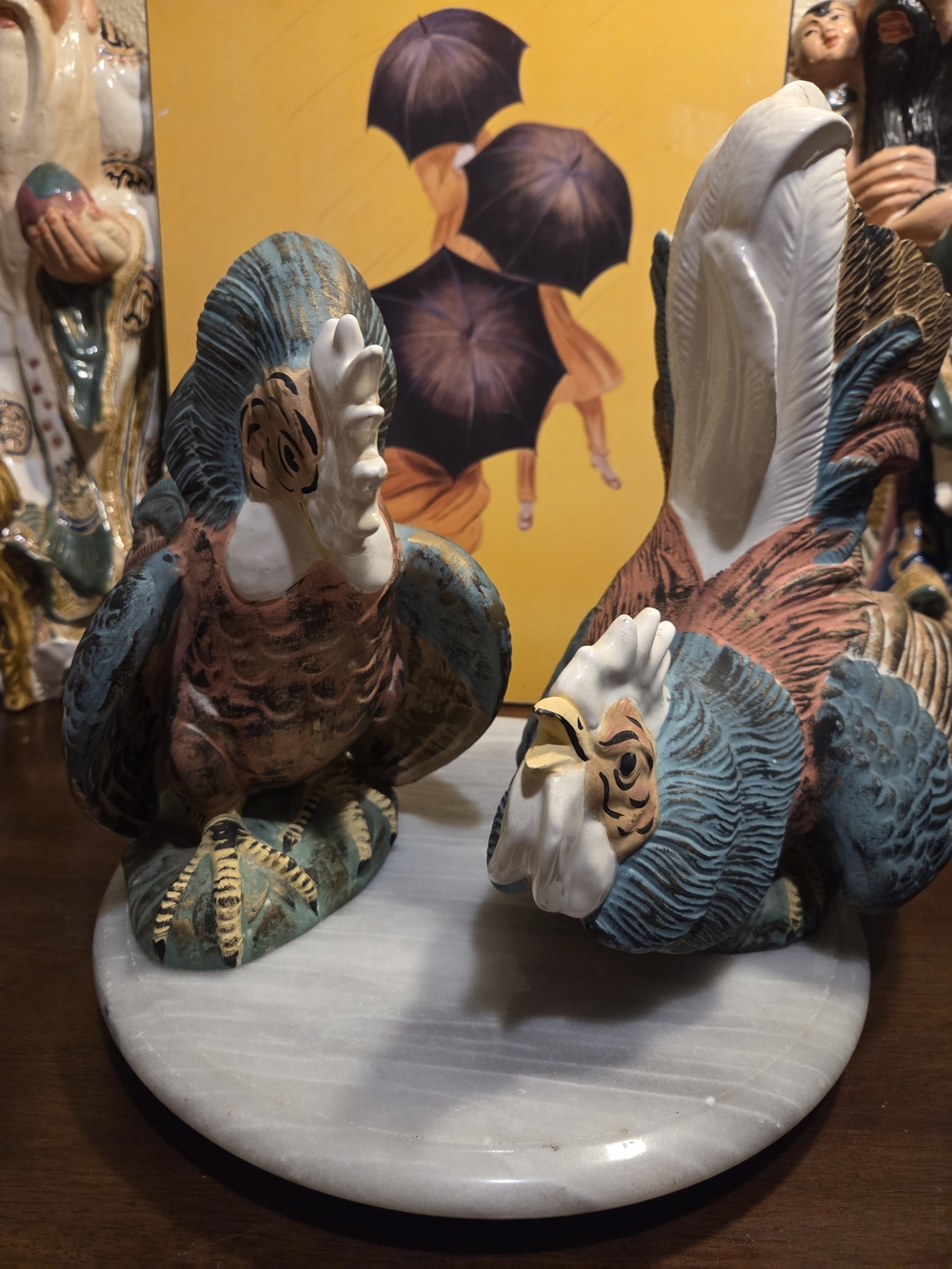 Ceramic Rooster Figurines Pair in Teal and Pink - Unbranded Home Art